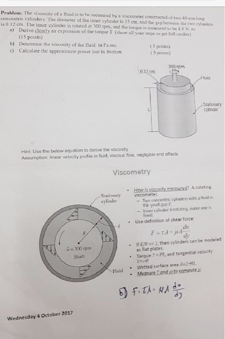 Solved Problem: The viscosity of a fluid is to be measured | Chegg.com