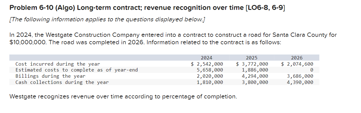 Problem 6-10 (Algo) Long-term contract; revenue recognition over time \( [ \) LO6-8, 6-9] [The following information applies 