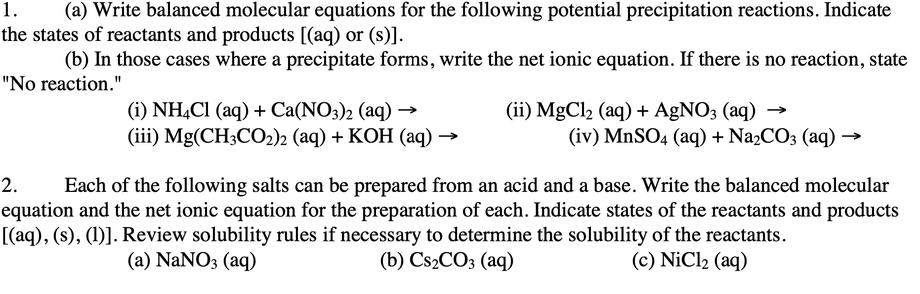 Solved 1. (a) Write balanced molecular equations for the | Chegg.com