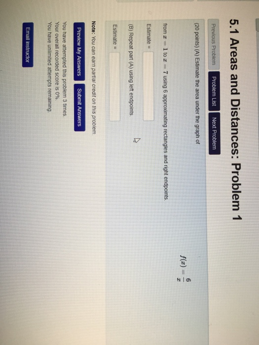 Solved 5.1 Areas and Distances: Problem 1 Problem List Next | Chegg.com