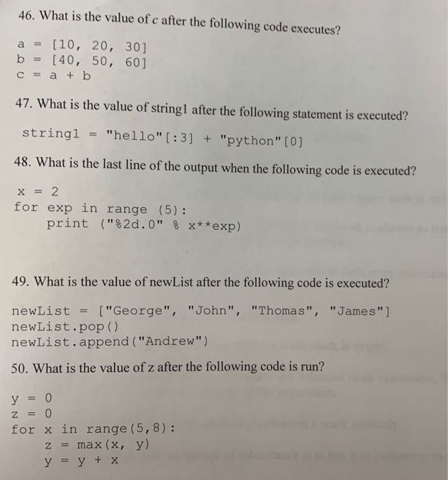 Solved 46. What is the value of c after the following code | Chegg.com