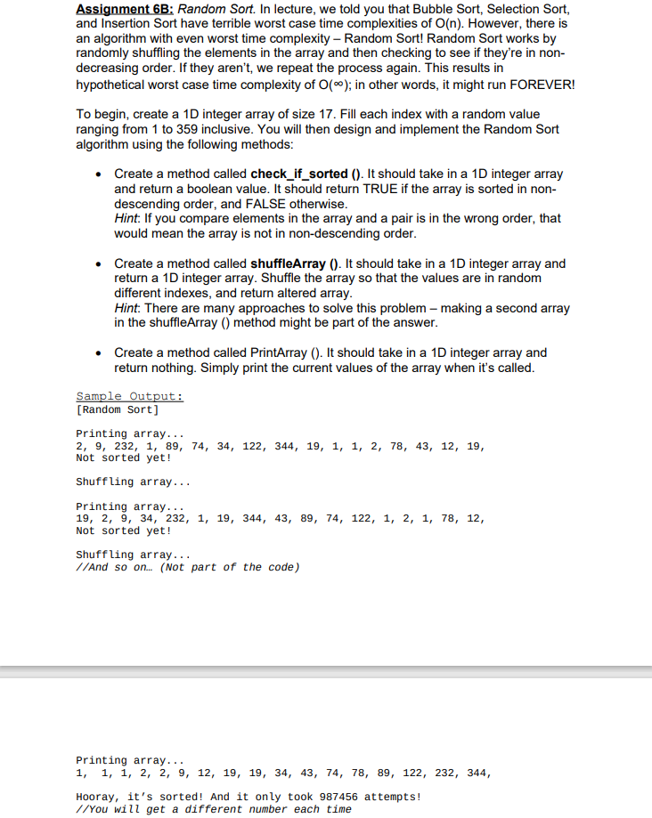Solved Assignment 6B: Random Sort. In lecture, we told you | Chegg.com