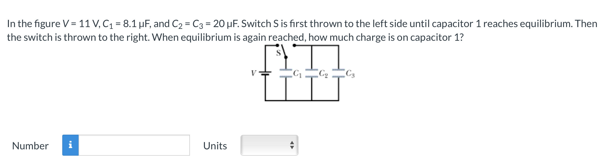 Solved In the figure V=11 V,C1=8.1μF, and C2=C3=20μF. Switch | Chegg.com