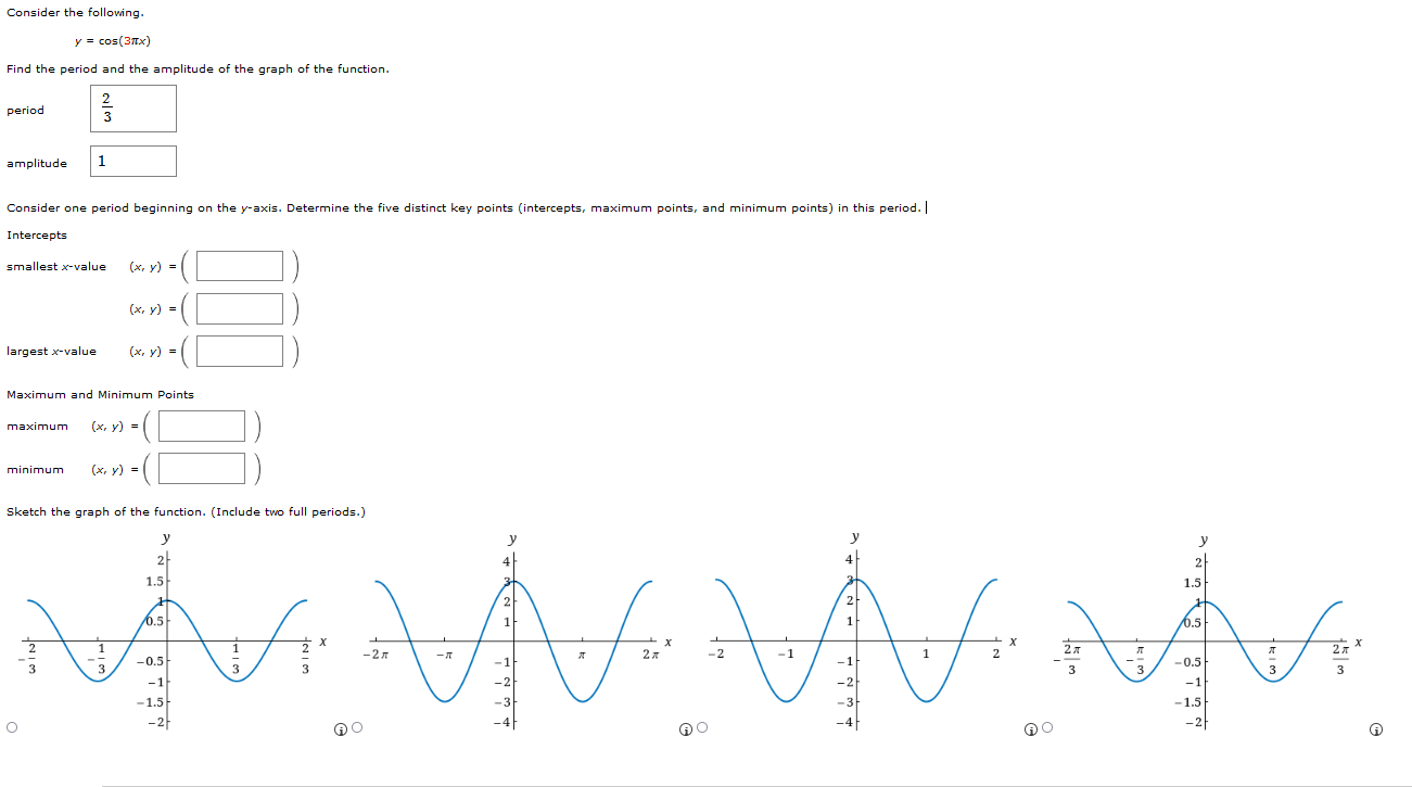 Solved Consider the following. y=cos(3πx) Find the period | Chegg.com