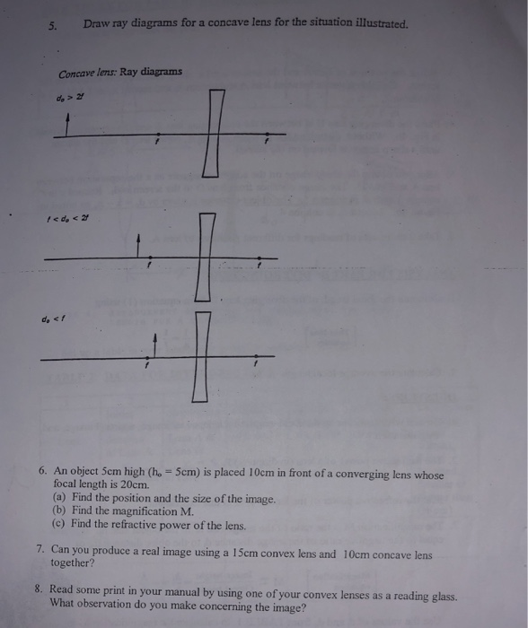 Solved 5. Draw ray diagrams for a concave lens for the
