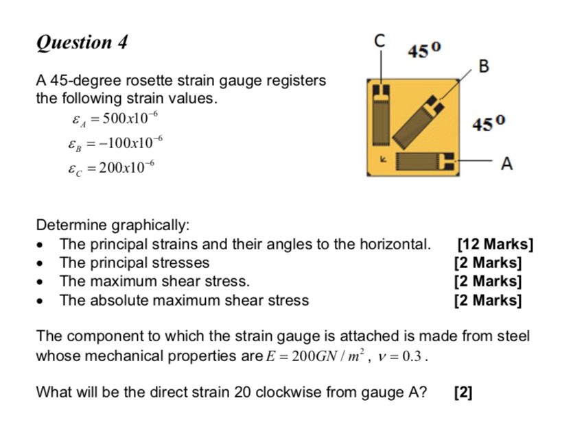 Solved Question 4 C 450 B A 45-degree rosette strain gauge | Chegg.com
