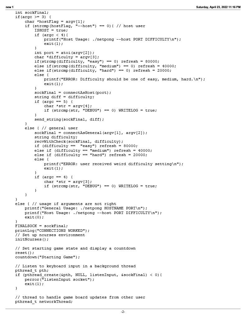 Solved Below is a 2 player ping pong game that works over a | Chegg.com