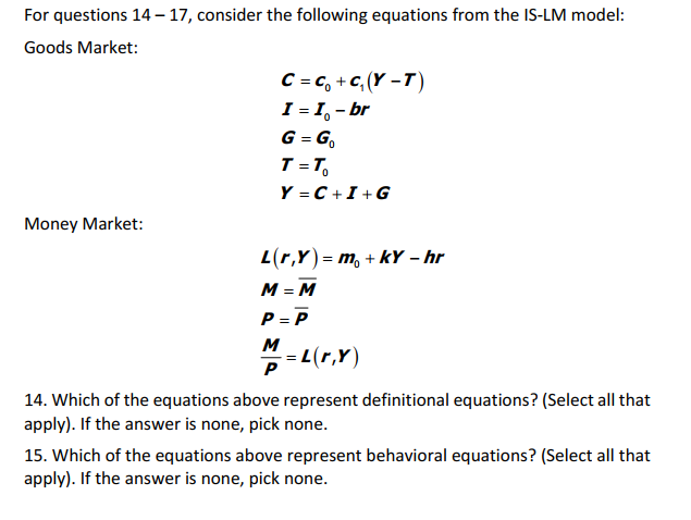 Solved For Questions 14 17 Consider The Following Equa Chegg Com