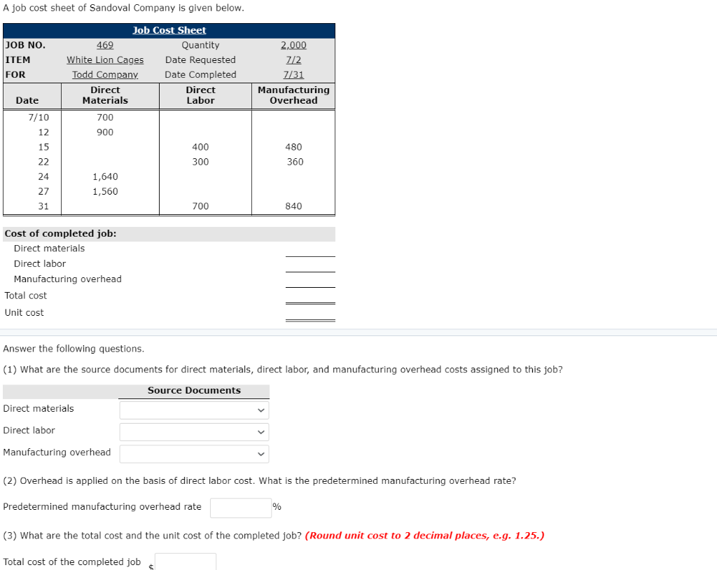 a-job-cost-sheet-of-sandoval-company-is-given-below-chegg