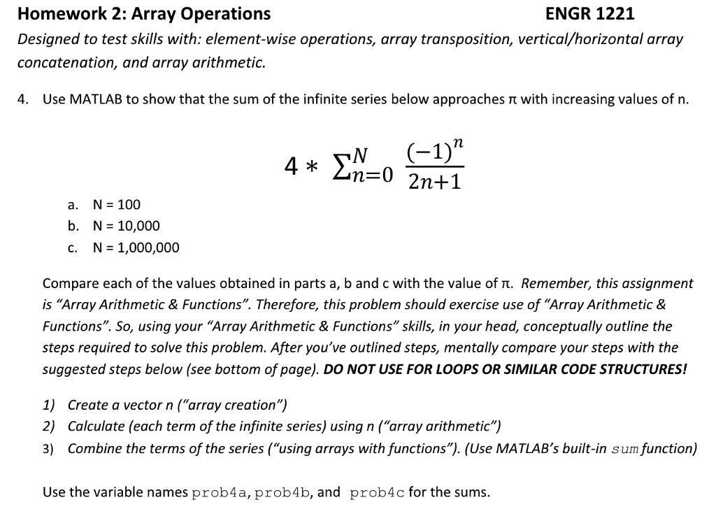 Solved ENGR 122:1 Homework 2: Array Operations Designed to | Chegg.com