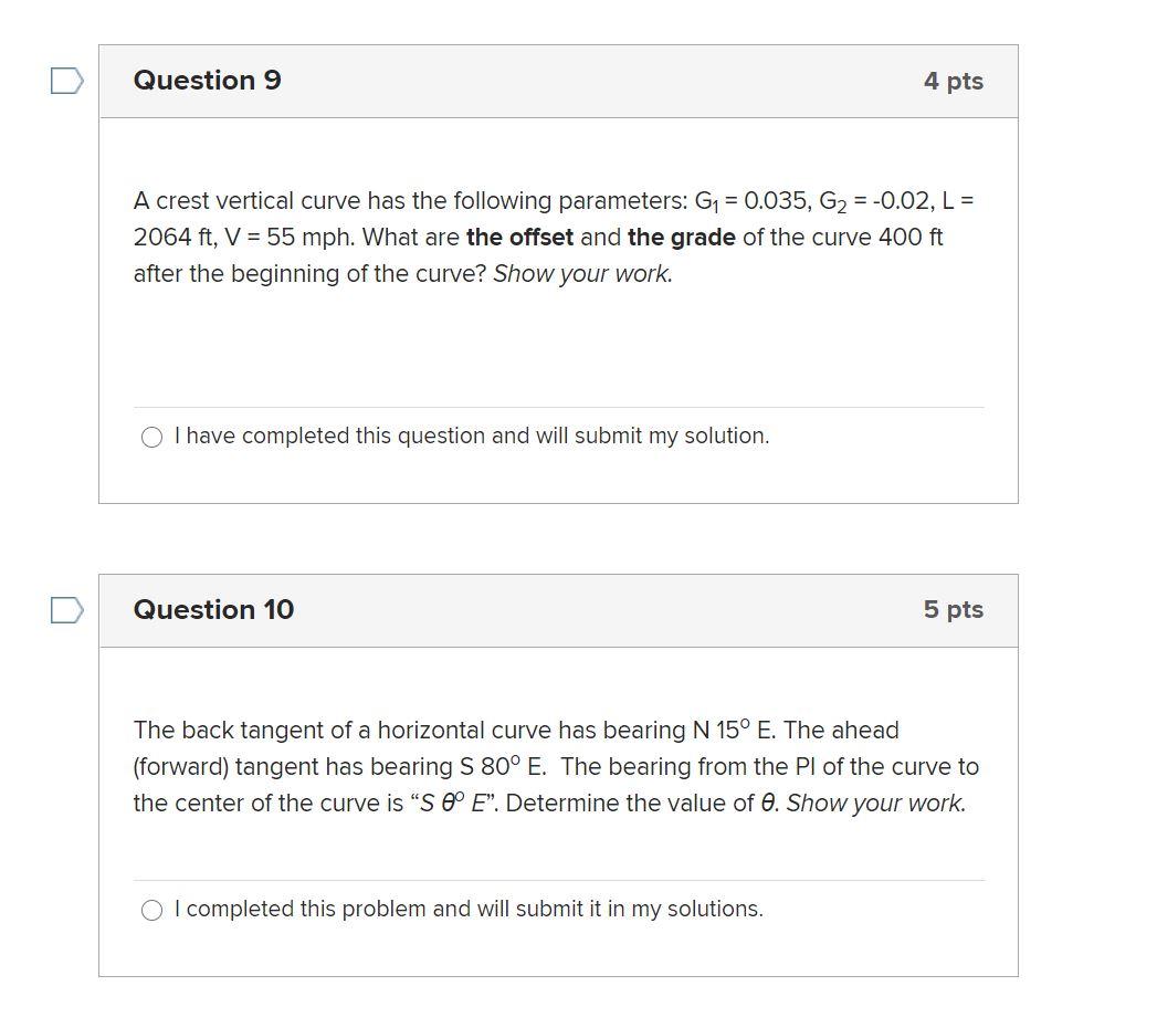 Solved Question 9 4 pts A crest vertical curve has the | Chegg.com