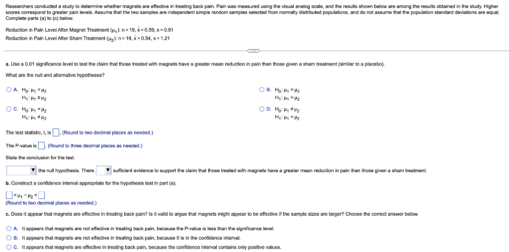 Solved Complete parts (a) to (c) below. Reduction in Pain | Chegg.com