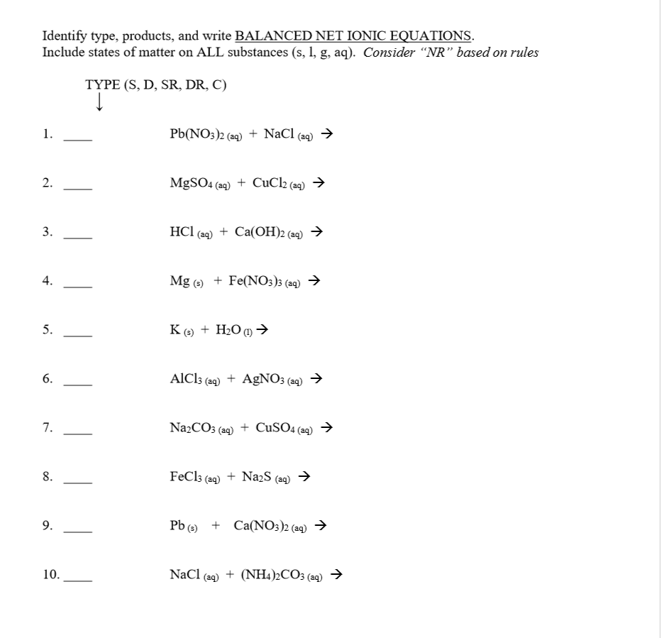 Solved Identify type, products, and write BALANCED NET IONIC | Chegg.com