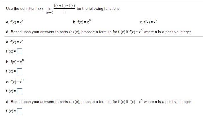 Solved fx + h) -fx) Use the definition f(x)- lim h→0 for the | Chegg.com