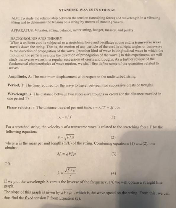 Solved STANDING WAVES IN STRINGS AIM To study the