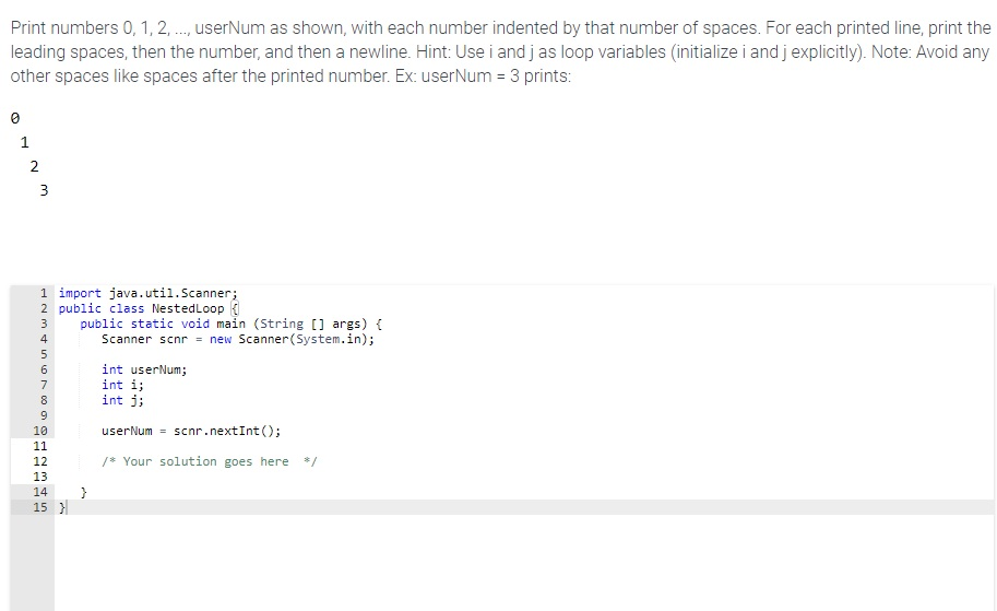 Print numbers 0, 1, 2, userNum as shown, with each | Chegg.com