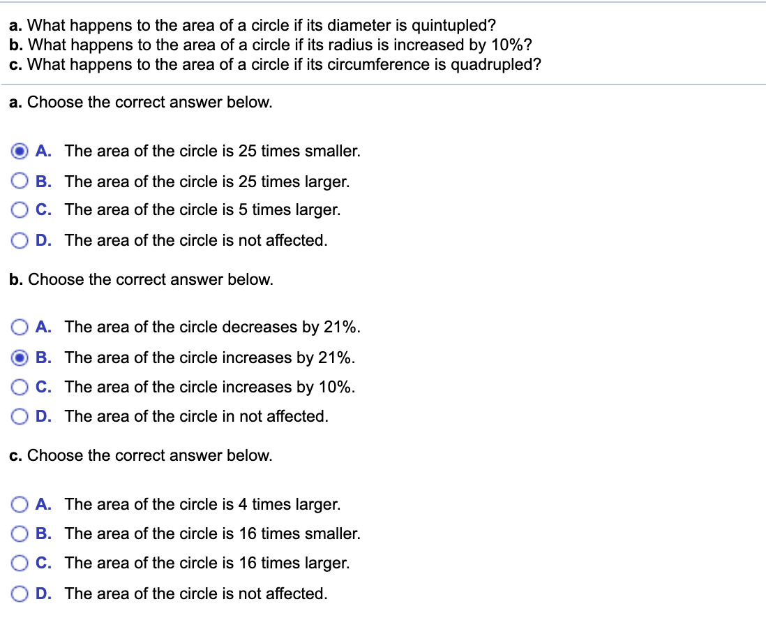 Solved a. What happens to the area of a circle if its | Chegg.com