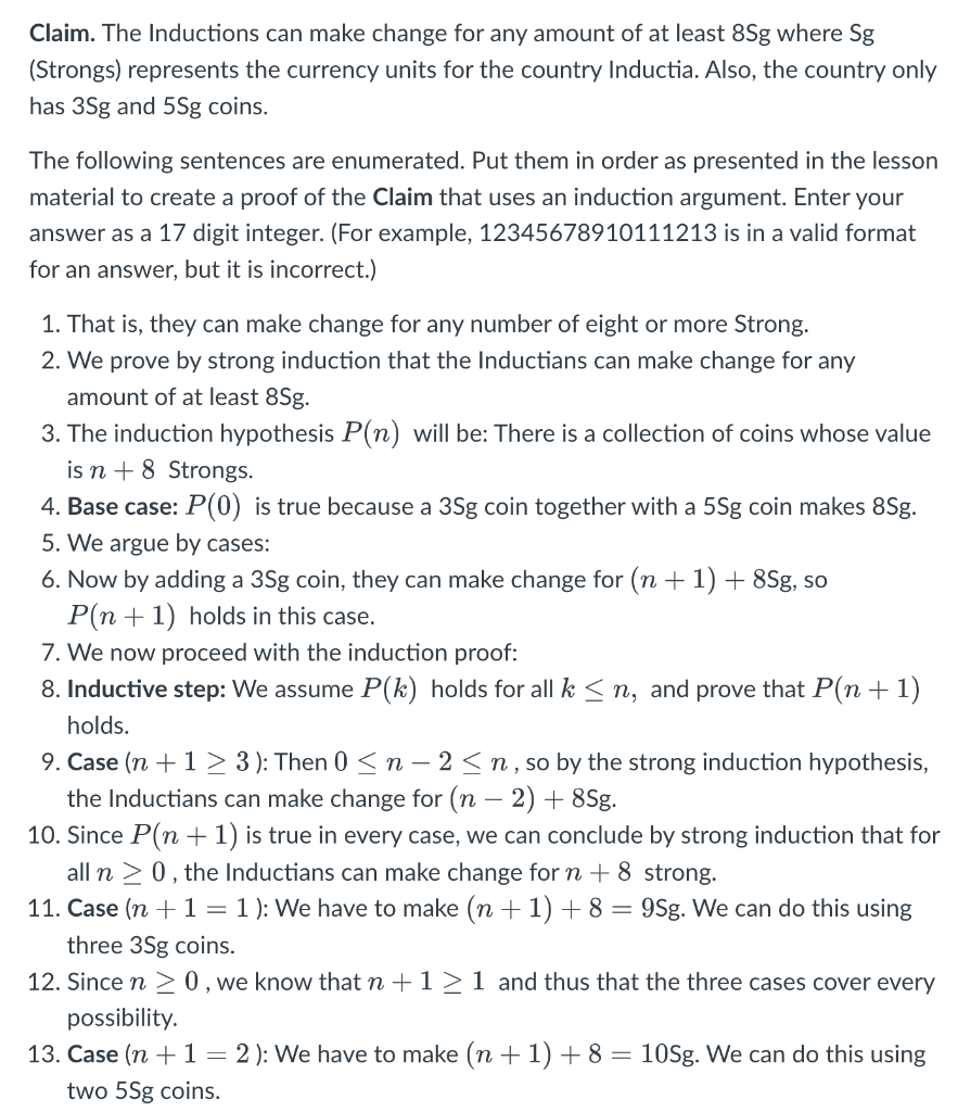 Solved Claim. The Inductions can make change for any amount