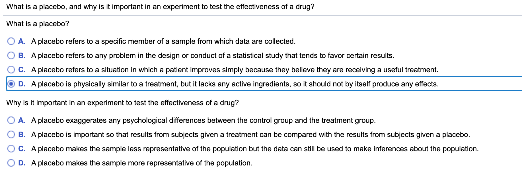 Solved What is a placebo, and why is it important in an