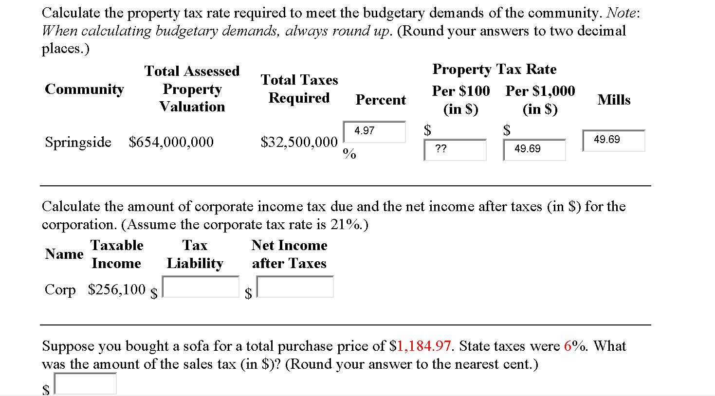 Calculate the property tax rate required to meet the chegg