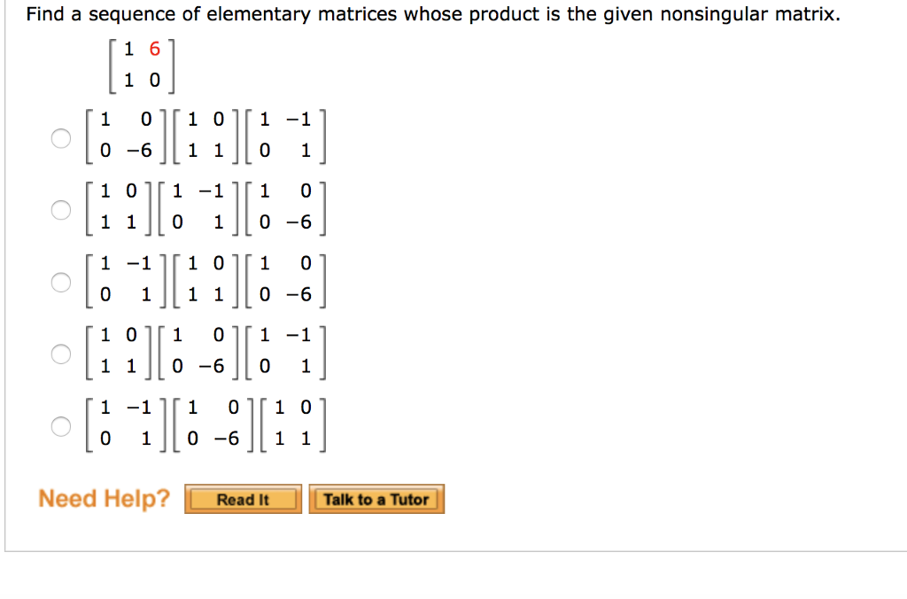 Solved Find a sequence of elementary matrices whose product | Chegg.com