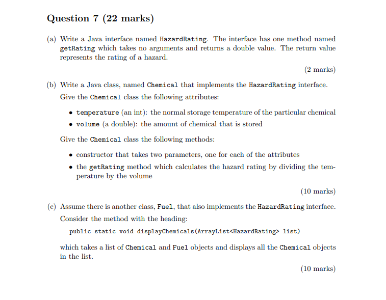 Solved Question 7 (22 marks) (a) Write a Java interface | Chegg.com