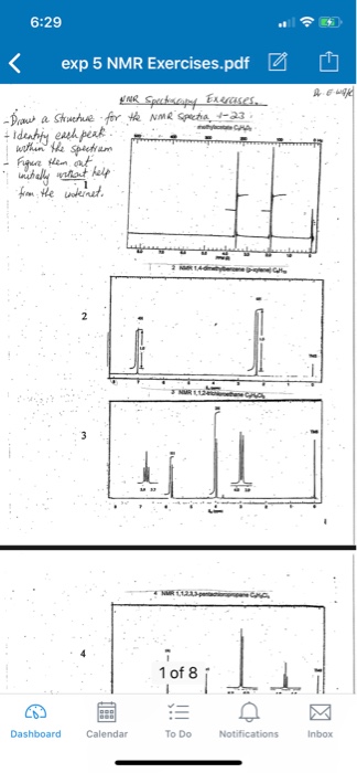 6:29 exp 5 NMR Exercises.pdf 团 也 1 1 of 8 Dashboard | Chegg.com