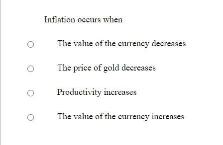 Solved Inflation occurs when The value of the currency | Chegg.com