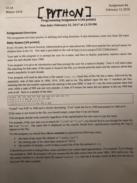 Solved Assignment #6 February 12, 2018 CS 3A [PYTHON] Winter | Chegg.com