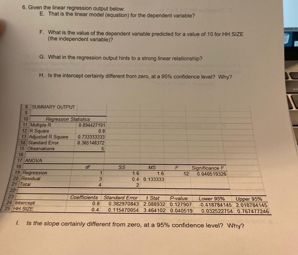 Solved 6. Given the linear regression output below: E. That | Chegg.com