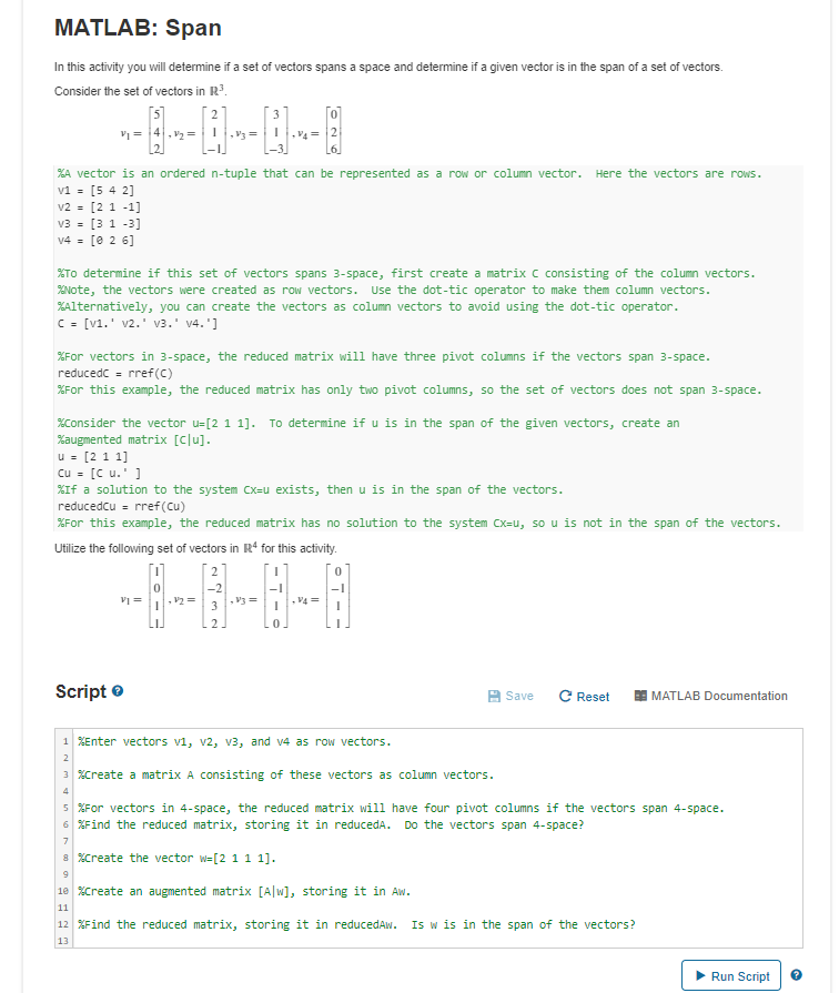 Solved MATLAB Span In this activity you will determine if a