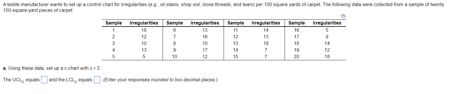 a. Using these data, set up a c-chart with \( z=3 \).
The \( \mathrm{UCL}_{c} \) equals and the \( \mathrm{LCL}_{c} \) equals