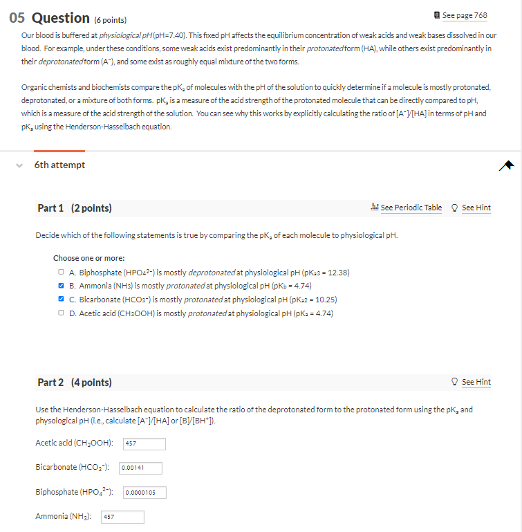 Solved 05 Question (6 points) G See page 768 Our blood is | Chegg.com