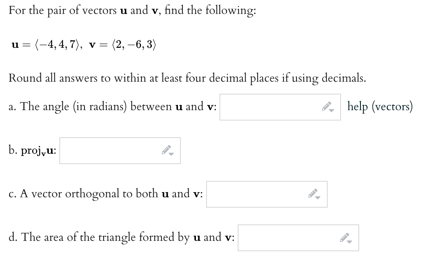 Solved For the pair of vectors u and v, find the following: | Chegg.com