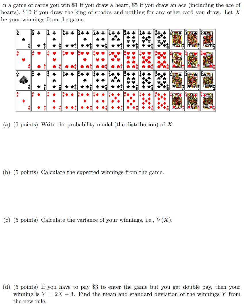 Solved In a game of cards you win $1 if you draw a heart, $5 | Chegg.com