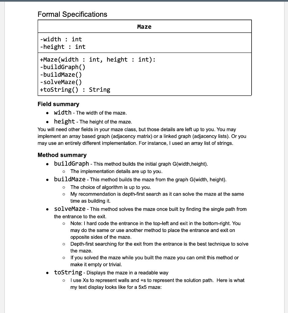 Solved Formal Specifications Maze -width: int -height int | Chegg.com