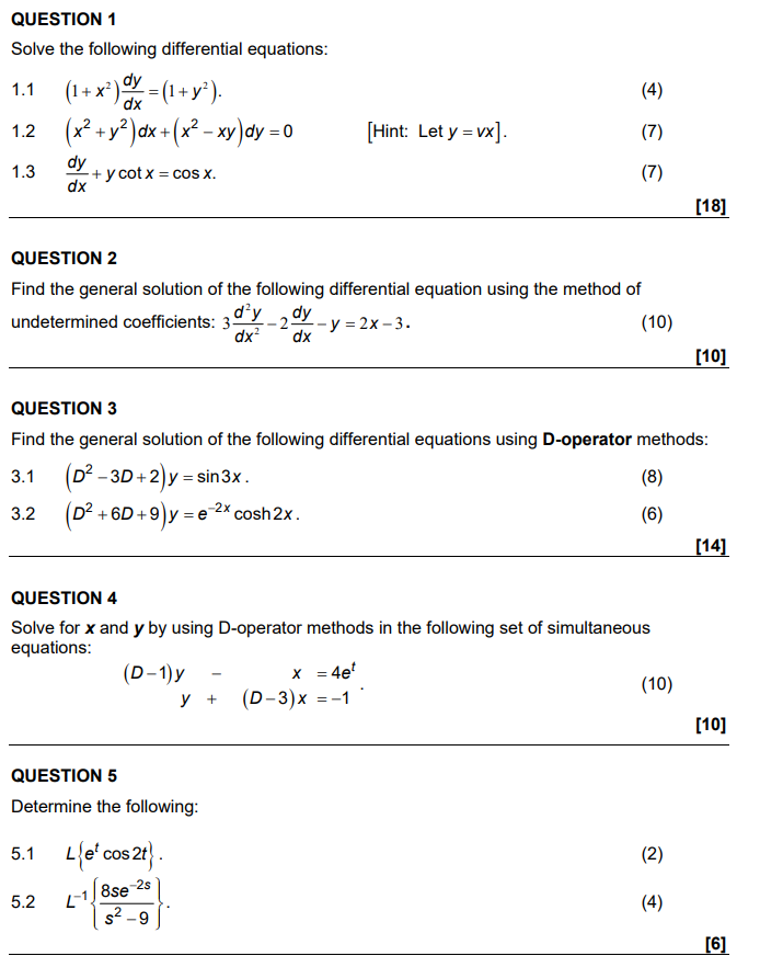 Solved (4) QUESTION 1 Solve the following differential | Chegg.com