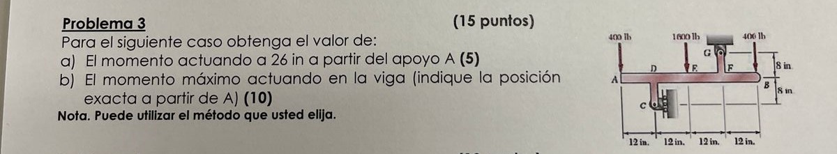 Problema 3 (15 puntos) Para el siguiente caso obtenga el valor de: a) El momento actuando a 26 in a partir del apoyo A (5) b