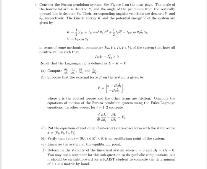 Solved . Consider the Furuta pendulum system; See Figure1 on | Chegg.com