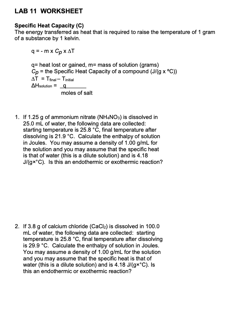 Solved LAB 25 WORKSHEET Specific Heat Capacity (C) The  Chegg.com Regarding Specific Heat Worksheet Answers