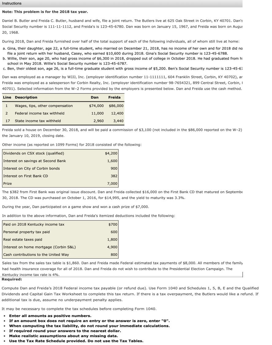 We Re Supposed To Complete A Form 1040 For The 2018 Chegg Com