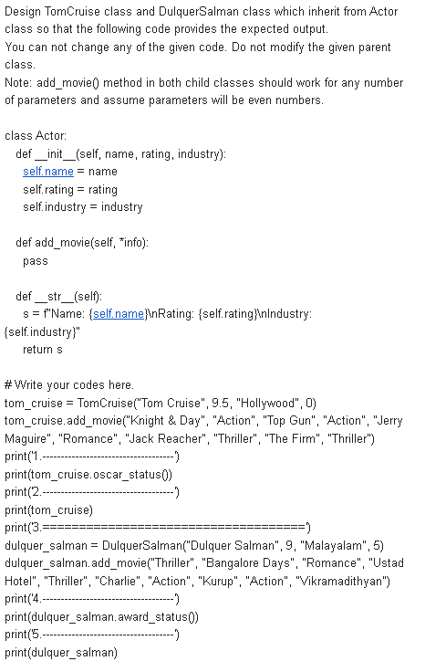 Solved Design Tom Cruise class and Dulquer Salman class | Chegg.com