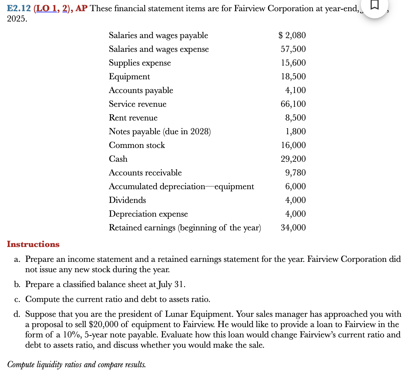 Solved E2.12 ( LO1,2), AP These financial statement items | Chegg.com