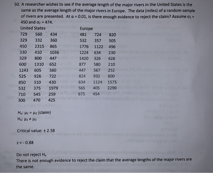 Solved 50. A researcher wishes to see if the average length | Chegg.com