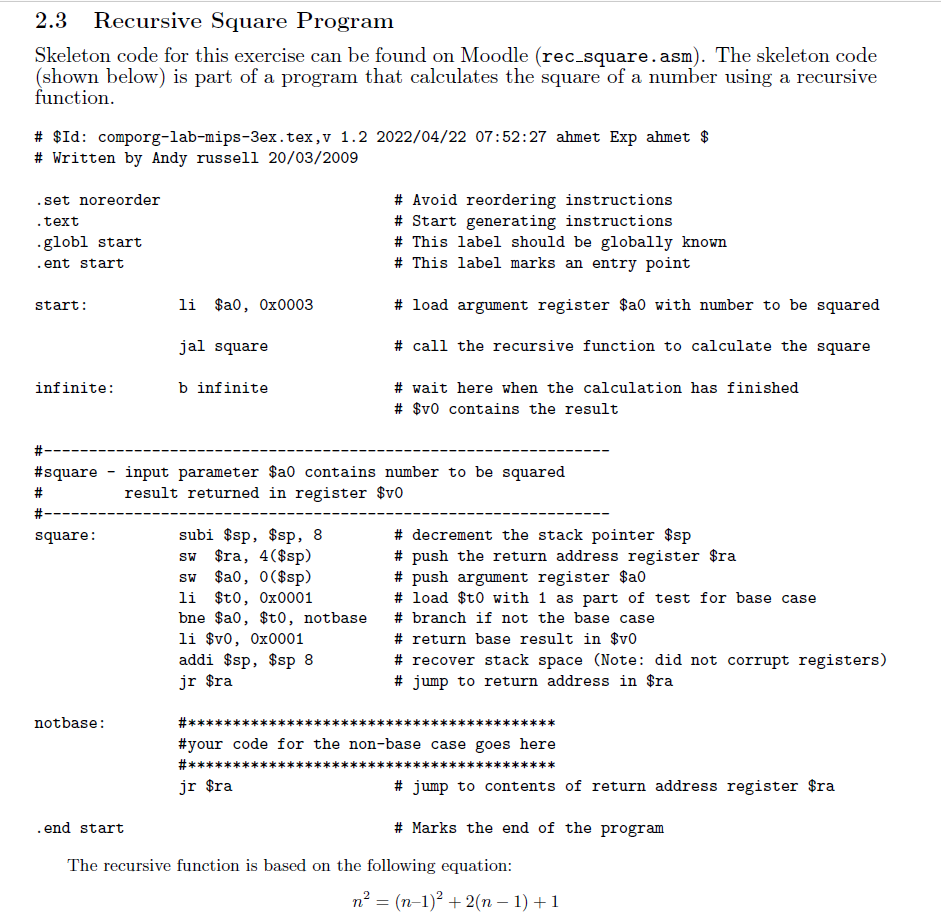 Solved 2.3 Recursive Square Program Skeleton code for this | Chegg.com
