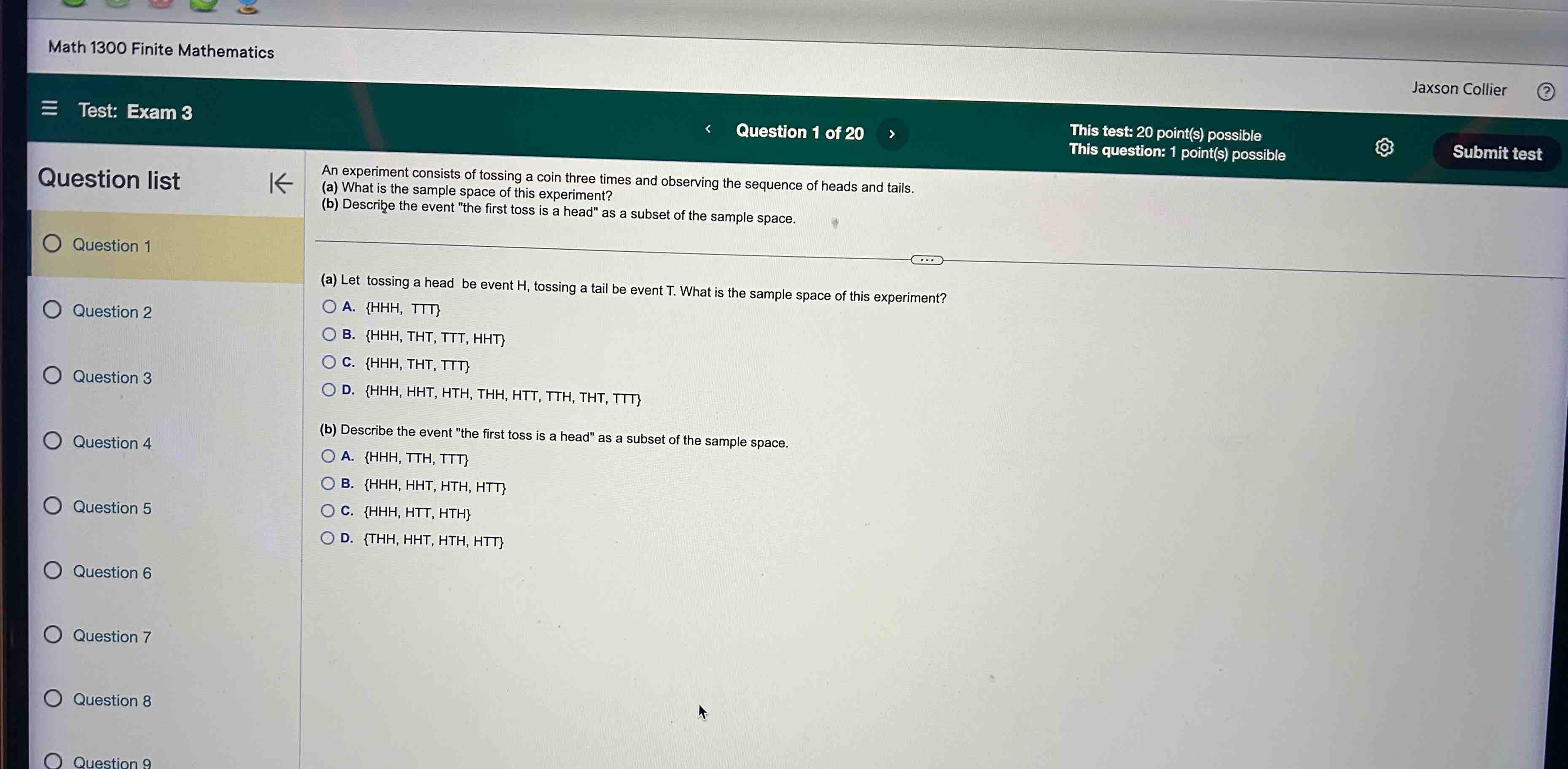 Solved An experiment consists of tossing a coin three times | Chegg.com