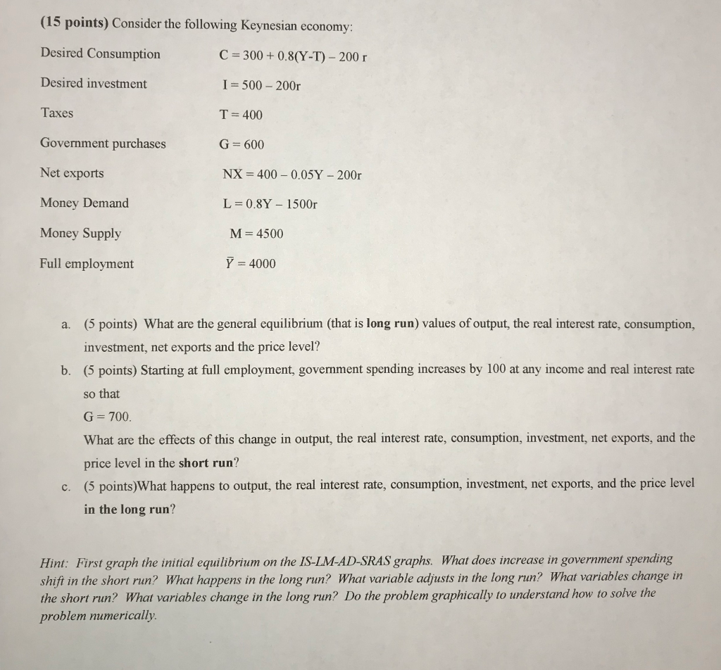 Solved (15 Points) Consider The Following Keynesian Economy: | Chegg.com