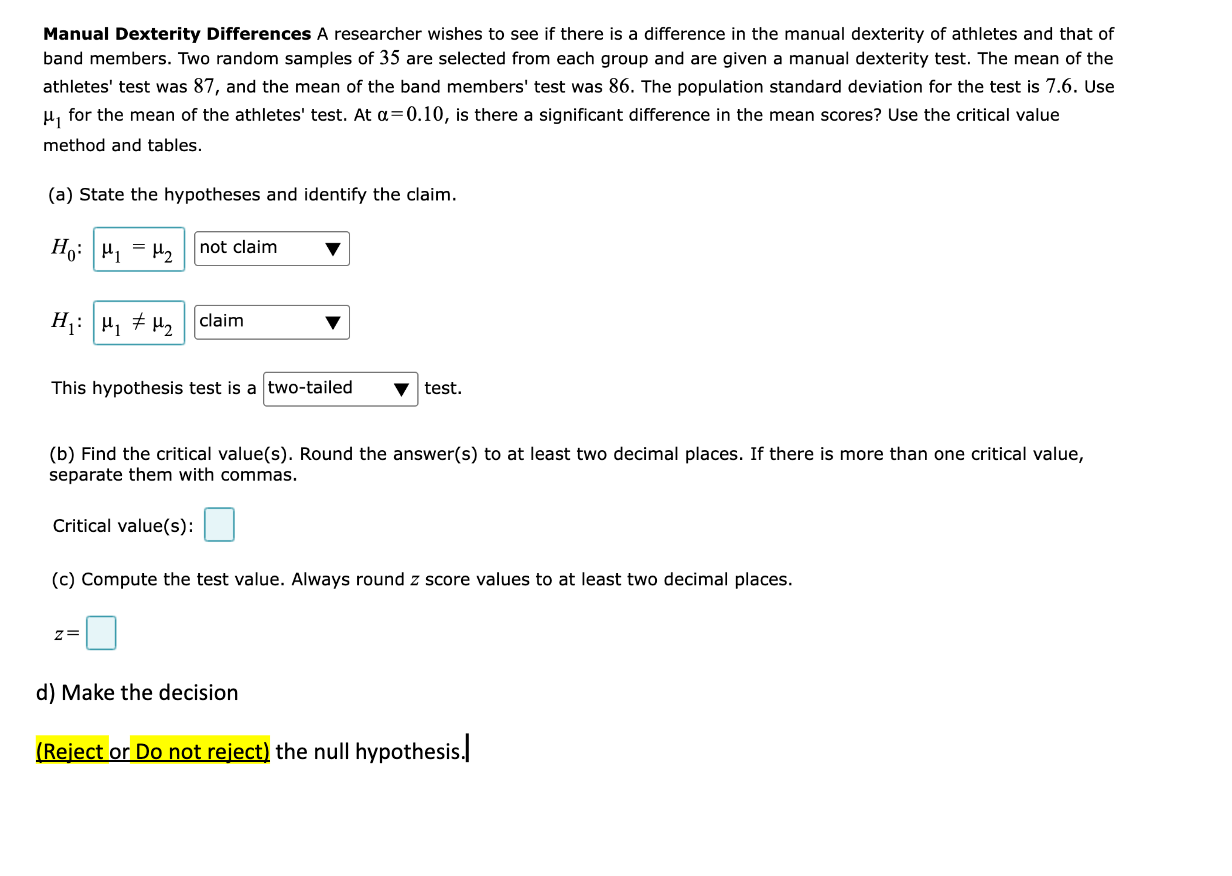 Solved Manual Dexterity Differences A researcher wishes to