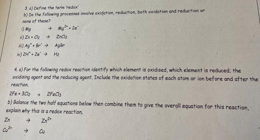 Solved 3. a) Define the term 'redox' b) Do the following | Chegg.com