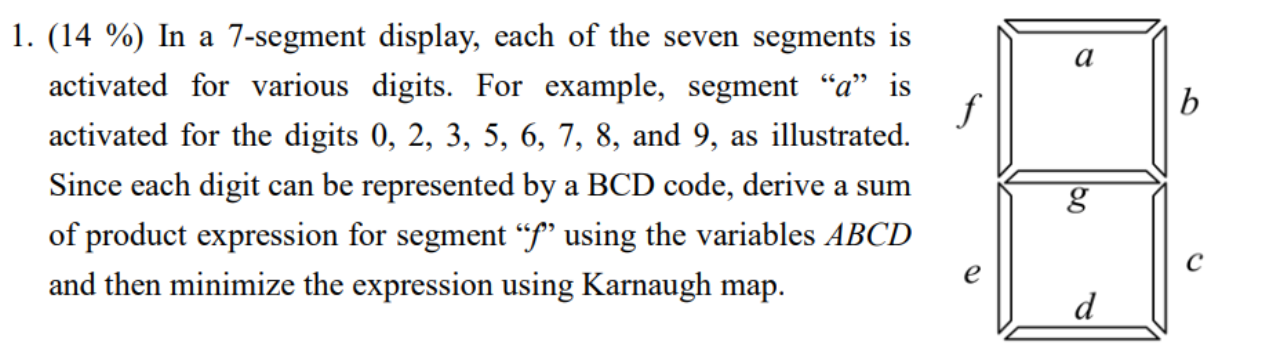 Solved a f b 1. (14 %) In a 7-segment display, each of the | Chegg.com